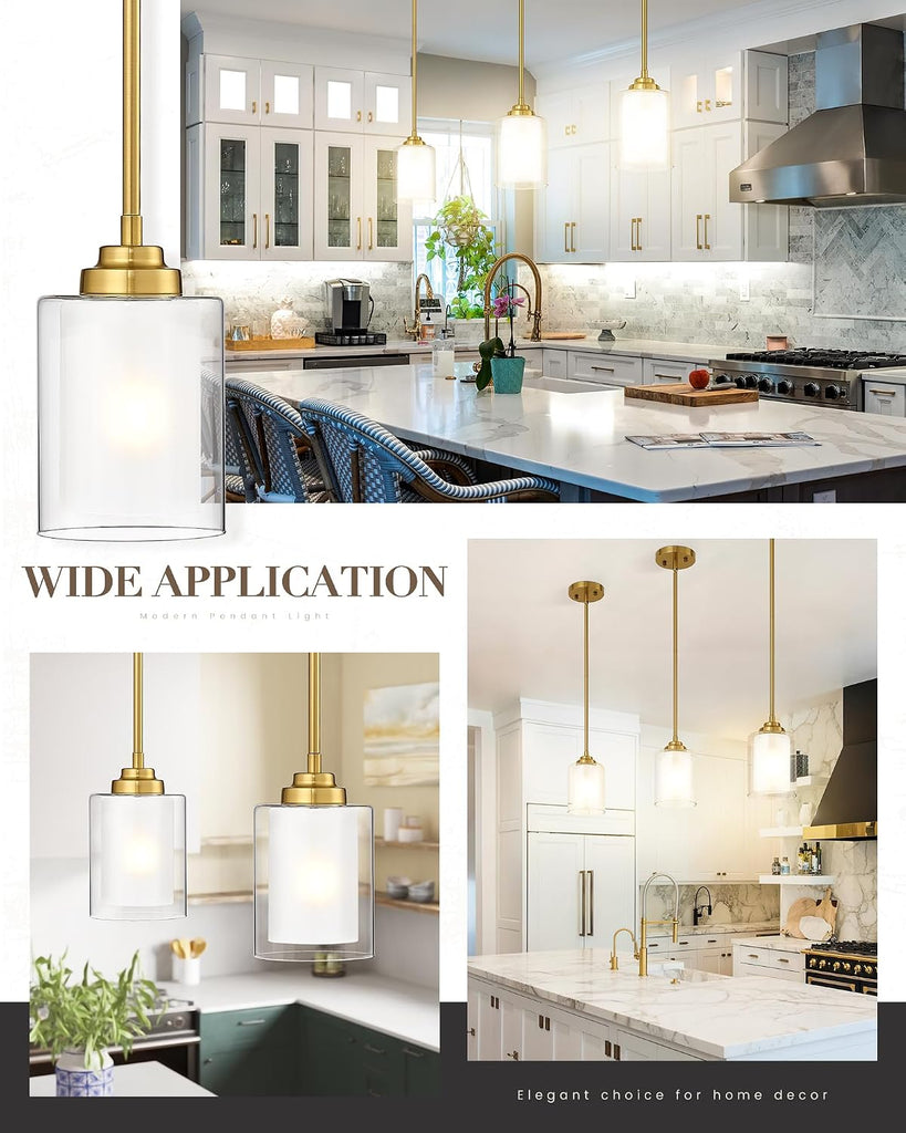 Modern Pendant Light, Brushed Gold Modern Pendant Light for Kitchen Island, Hanging Ceiling Light Fixture, Farmhouse