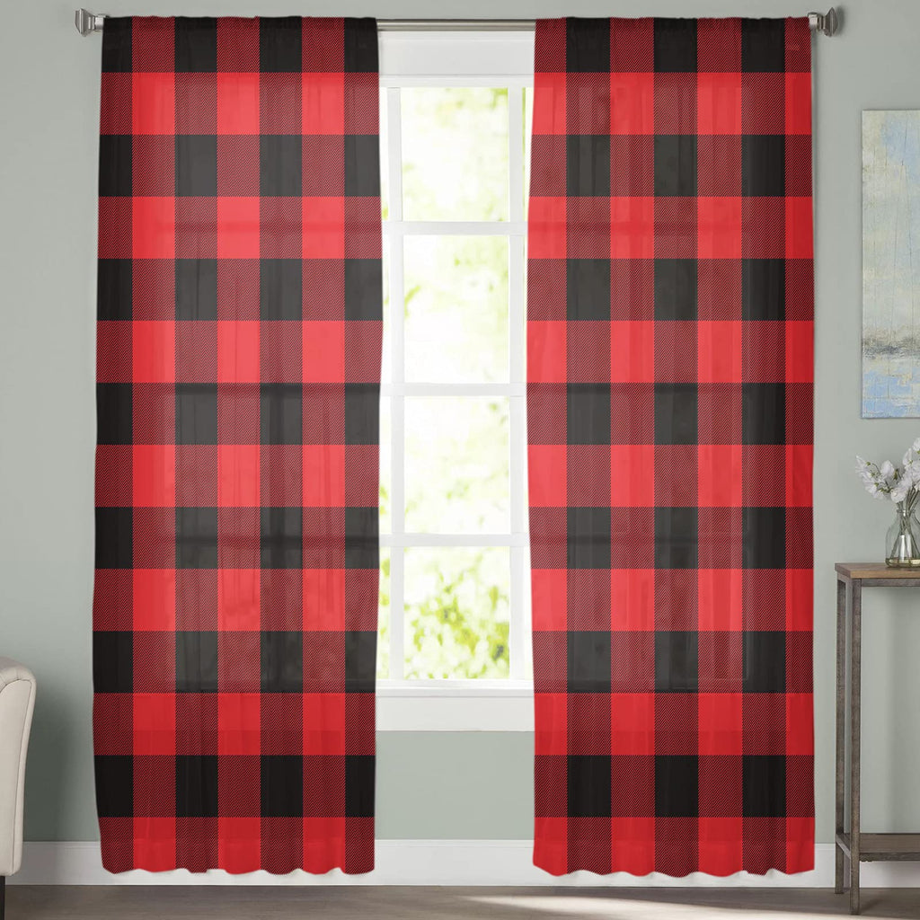 Red Sheer Curtains 108 Inch Length 2 Panels Set, Red and Black Buffalo Plaid Semi Transparent Voile Rod Pocket