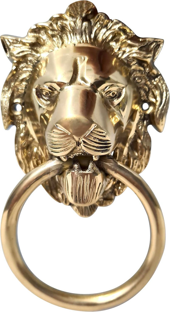 Unique Look Handcrafted Shiny Brass Polished Lion Front Face Door Knocker Home Entrance Décor Accessory Mounting