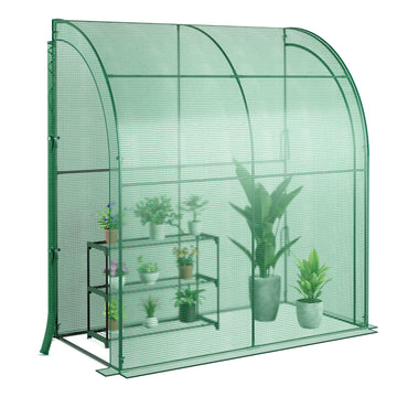 7 x 3.5 x 7 ft Greenhouse, Mini Lean-to Walk-in Green House with 3 Tiers Flower Rack & Weatherproof PE Cover, Roll-up