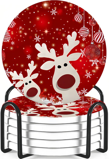 Christmas Red Reindeer Drink Coasters Set of 6, Round Absorbent Ceramic Coaster, with Metal Holder and Cork Base