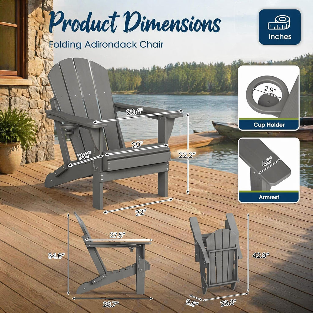 Folding Adirondack Chair, HDPE Outdoor Patio Chair with Cup Holder | Foldable design, weather-resistant HDPE
