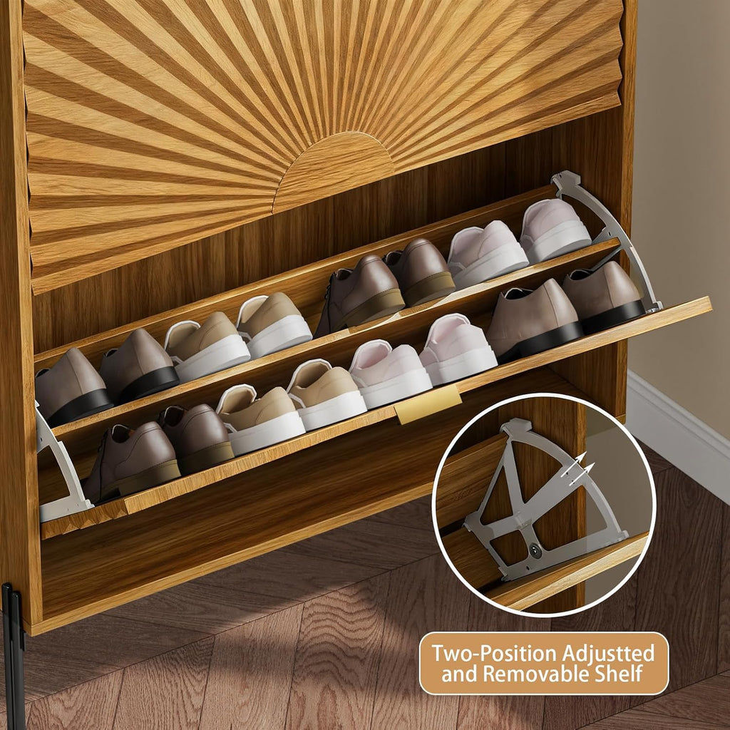 Two-Layer Shoe Cabinet with Two Flip Drawers,Wooden Thin Shoe Cabinet with Metal Handles and Metal Legs,Anti-Dump