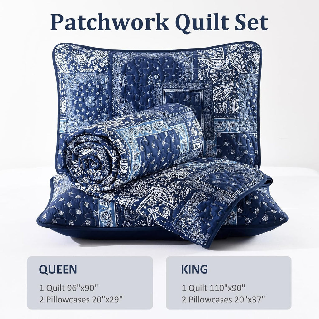 Blue Patchwork Quilt Set,Boho Navy Blue Quilt Set,Paisley Farmhouse Bedspread Soft Microfiber Bedding Set