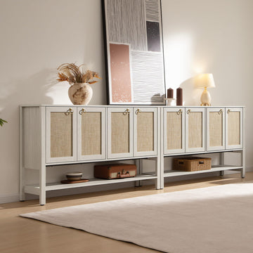 White Rattan 110" Long Sideboard Buffet Cabinet with Door, Credenza