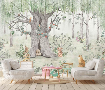 Green Forest Wallpaper Fox Pine Mouse Big Tree | 127"x96" Not Self-Adhesive Mural for Children's Room Living Room