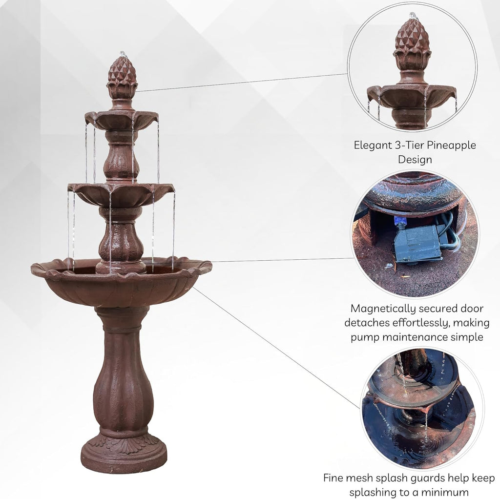 51" 3-Tier Outdoor Waterfall Fountain, Weather-Resistant Resin Freestanding Water Feature with Pump, Brown