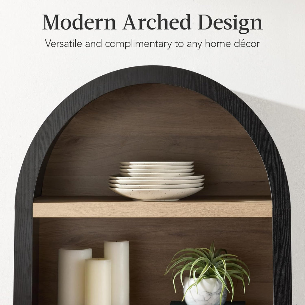 72" Tall Arched Pantry Cabinet w/Reeded Doors, 5-Tier Bookshelf, Armoire, Hutch, Bookcase