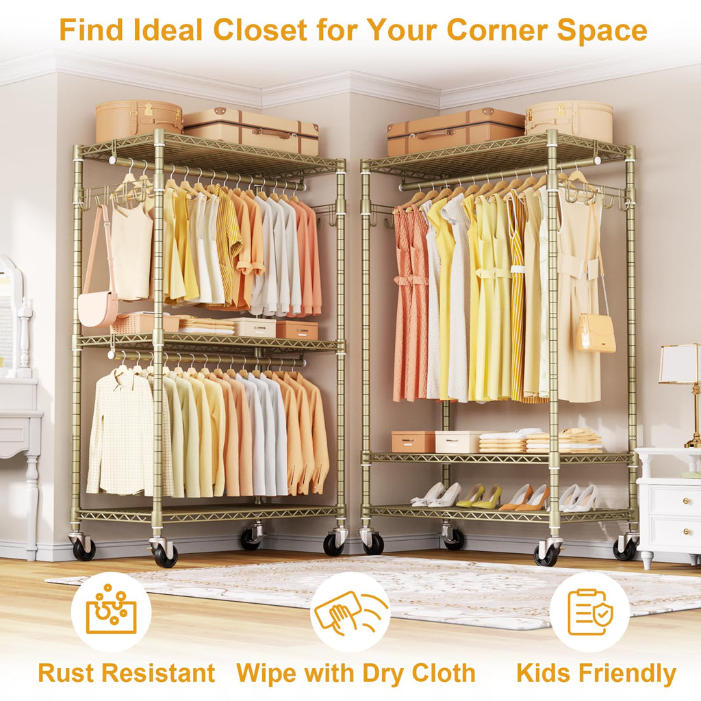 P1 Rolling Clothes Rack, Gold Portable Wardrobe Closets with Wheels