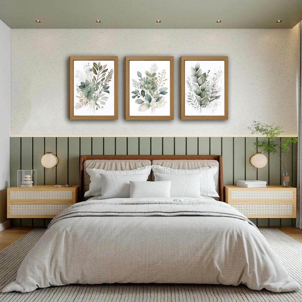Sage Green Botanical Wall Art Set of 3, Eucalyptus Leaf Canvas Prints, Minimalist Watercolor Style Boho Nature Plant