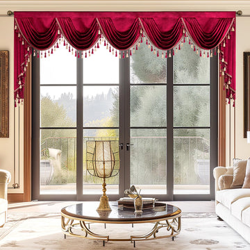 Thick Velvet Curtains Valance, Burgundy Red Thermal Insulated Waterfall Valances with 5 Swags for Formal Living Room