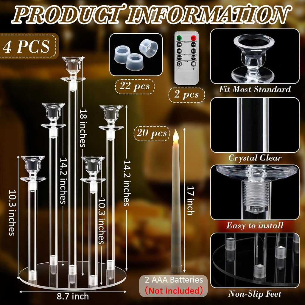 4 Set Acrylic Candelabra Centerpiece Clear Candle Holders with 20 LED Candles 5 Arm Holder for Tables with Remote