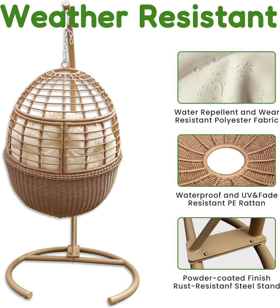 Egg Swing Hanging Chair with Stand, Patio PE Rattan Hammock, Brown | Hand Woven, Weather Resistant, Comfy Cushion