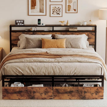 King Bed Frame with Storage Headboard, Platform King Bed with 2 Drawers and Charging Station, Heavy-Duty Metal Slats