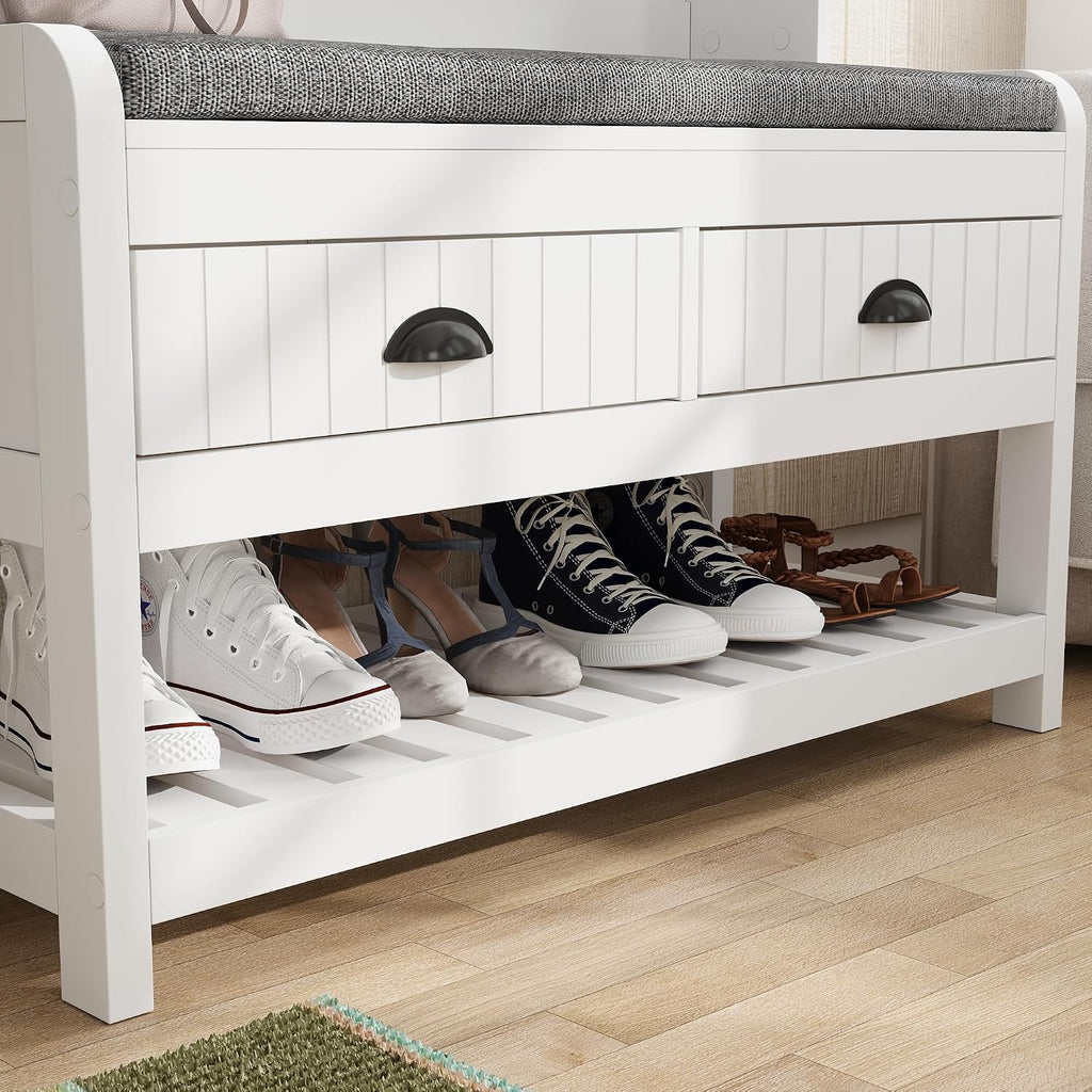 Hall Tree with Bench and Shoe Storage, Multi-Purpose Entryway Bench with Coat Rack, Padded Seat Cushion, 4 Double