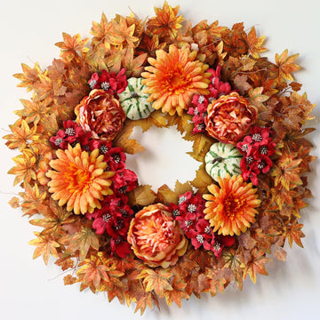 26" Artificial Fall Wreath, Silk Flowers Maple Leaf for Front Door (Orange)