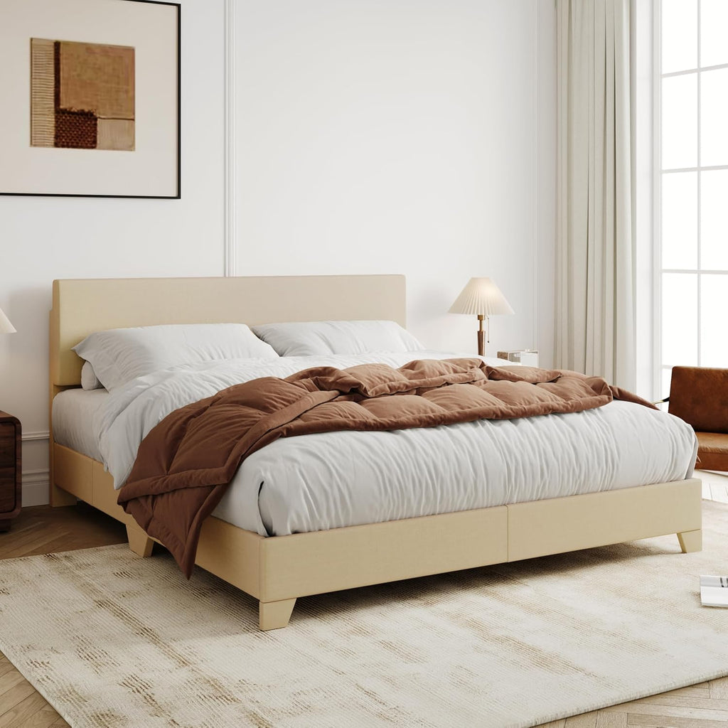Queen Bed Frame with Adjustable Headboard, Upholstered Platform Bed with Wood Slats, Heavy Duty Mattress Foundation