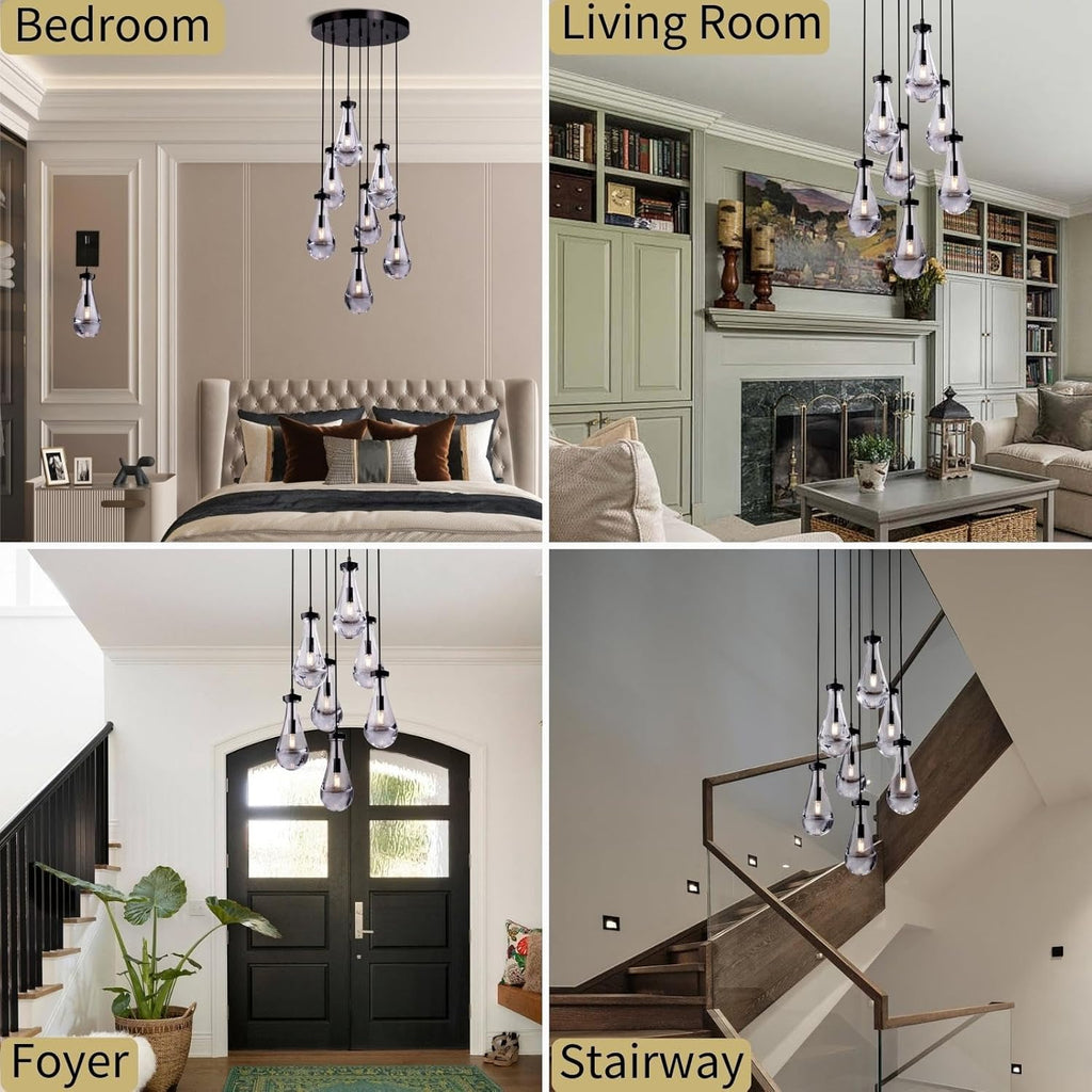 Raindrop Pendant Lights Kitchen Island Teardrop Black Hanging Light Fixtures Clear Solid Glass Pendant Light Modern Chandeliers for Dining Room Porch Corridor Living Room (7-Light)