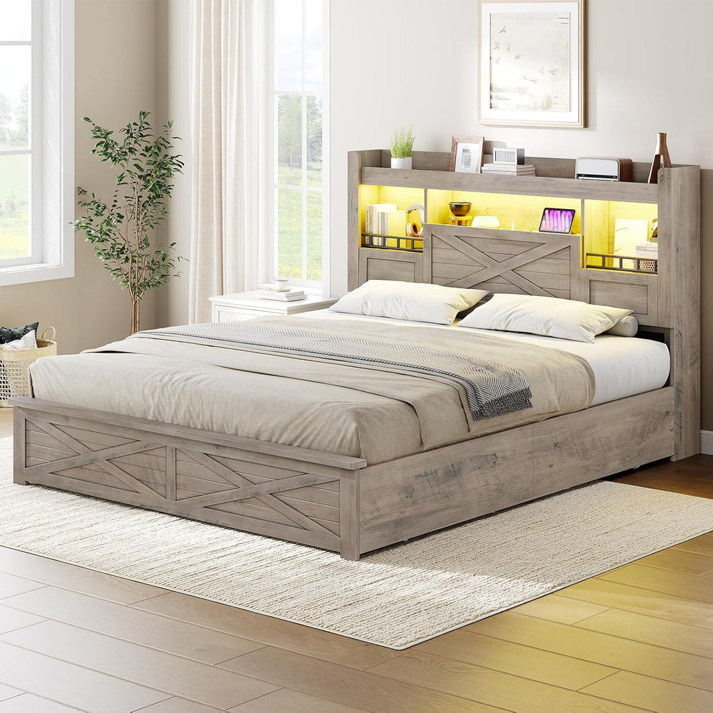 Farmhouse Full Bed Frame with Flip-Down Bookcase Storage Headboard and 4 Drawers, Rustic Wood Platform Bed Frame Full