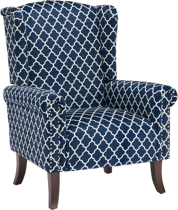 Modern Accent Chair, Comfy Wingback Armchair Blue Plaid Club Chair with Wooden Legs , or Balcony