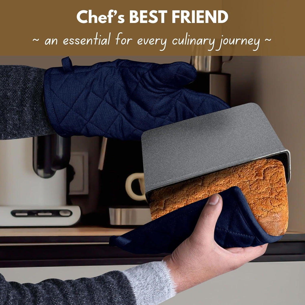 4 Piece Set - 2 Oven Mitts & 2 Potholders, Heat Resistant, 100% Cotton, Quilted Design, Non-Slip Grip, Machine