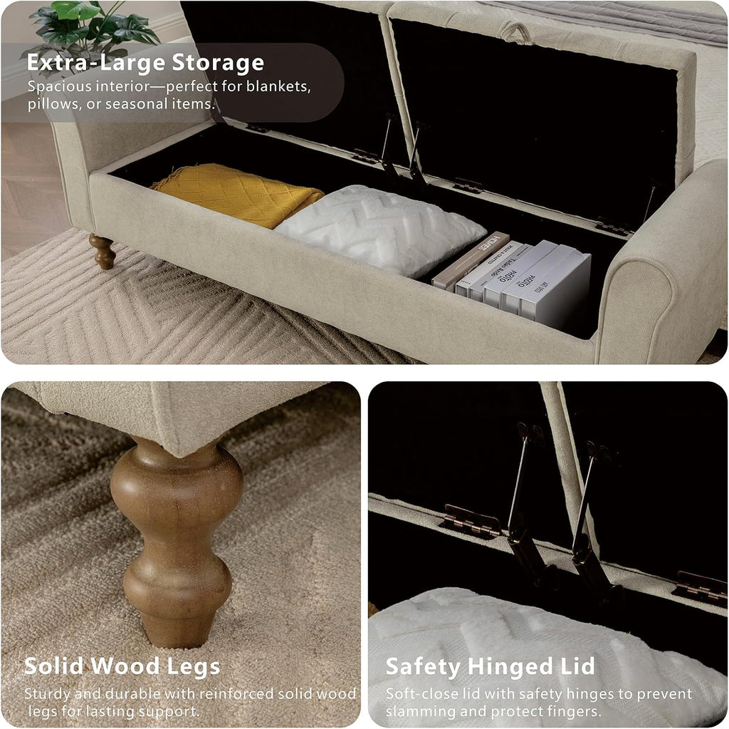 Storage Bench , 65.2'' Tufted End of Bed King Size Upholstered Extra-Long Bench with Dual Flip-Top Lids , Cloakroom