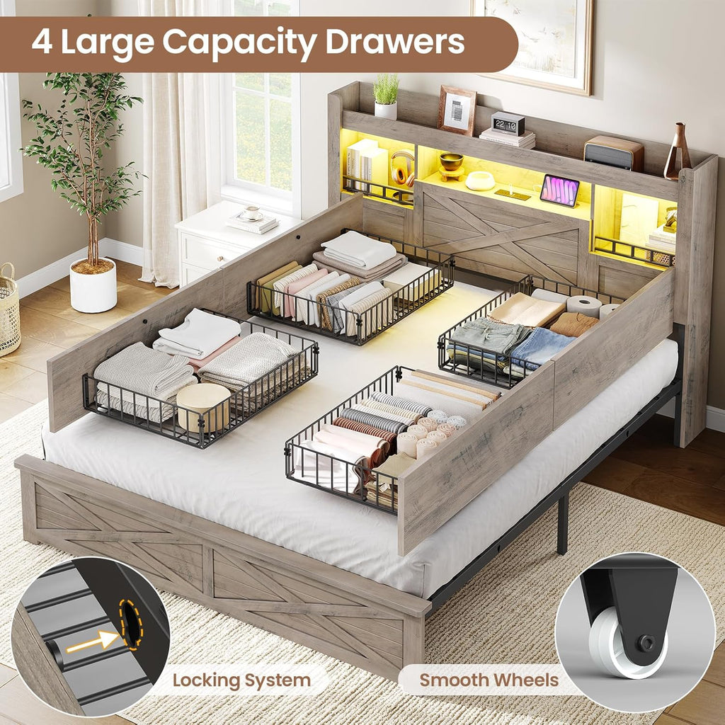Farmhouse Full Bed Frame with Flip-Down Bookcase Storage Headboard and 4 Drawers, Rustic Wood Platform Bed Frame Full