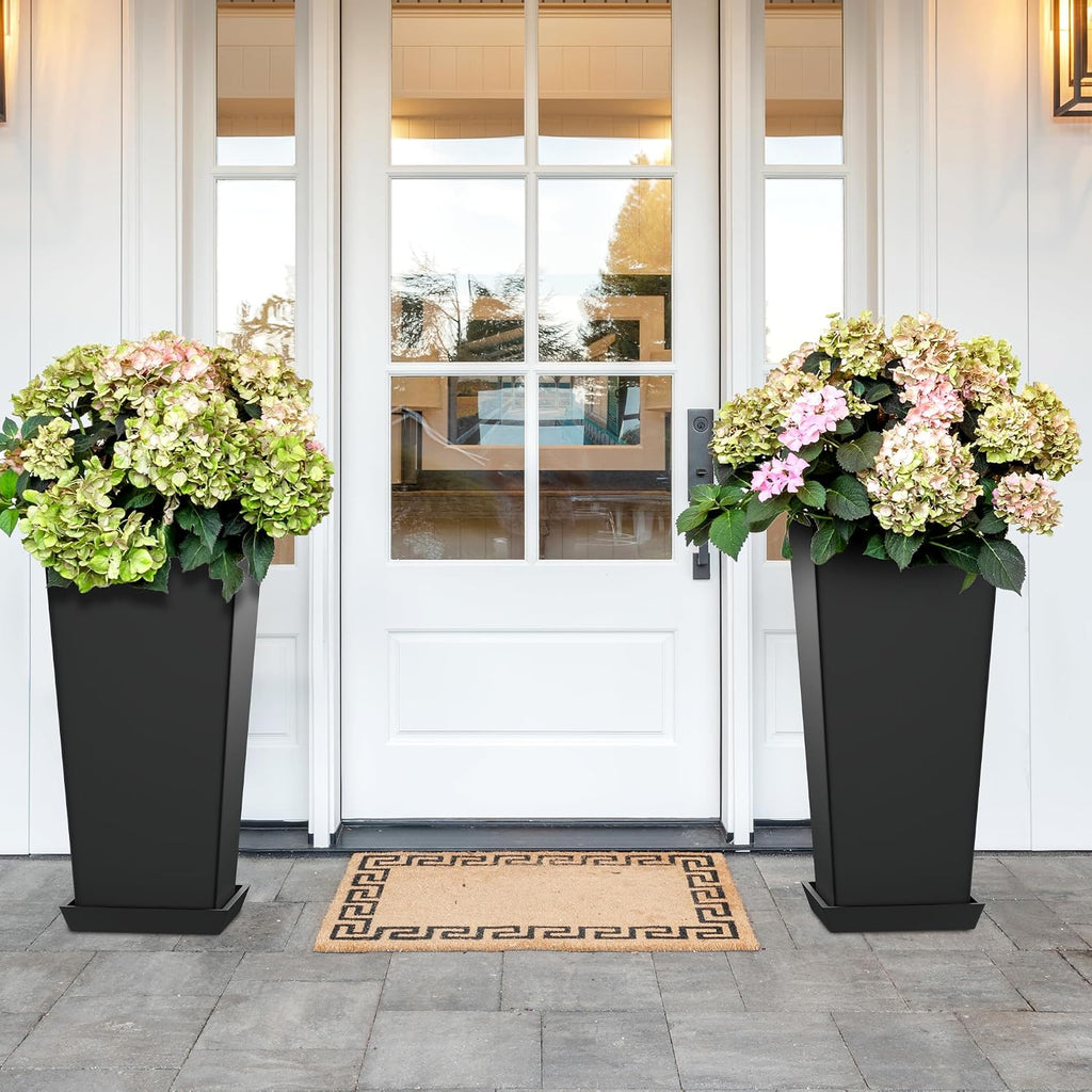 24-Inch Tall Planters for Outdoor Plants, Set of 2, Black | Square tapered planters with drainage trays for front
