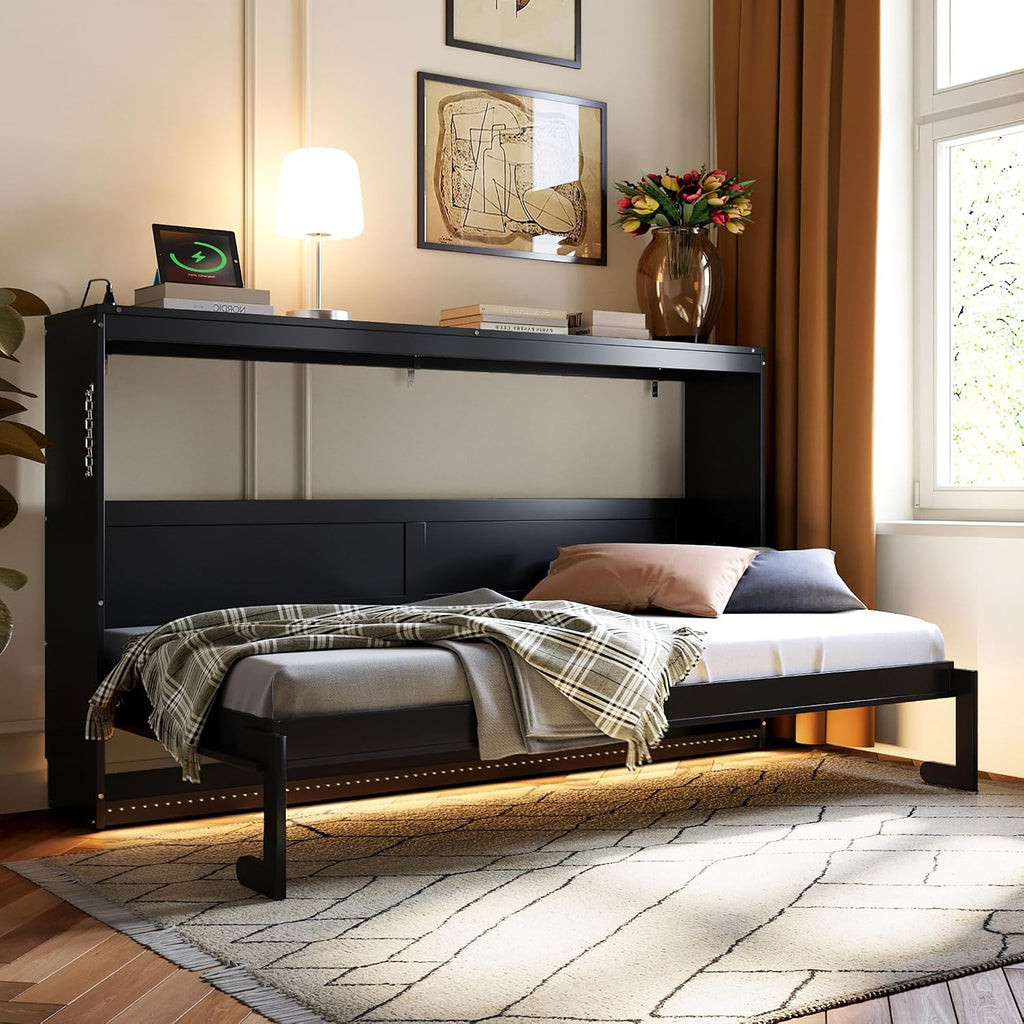 Modern Side-Folding Murphy Bed with Trendy Printed Pattern, Murphy Cabinet Wall Bed Frame with LED