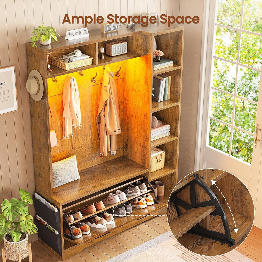 Hall Tree with Bench and Shoe Storage, Farmhouse Entryway Bench with Coat Rack, Shoe Cabinet with Flip Drawers, 7