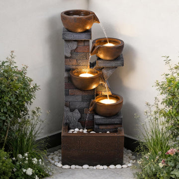 33.5" Tall Outdoor Water Fountain,4 Tiered Cascading Bowl Outdoor Freestanding Fountains with Light