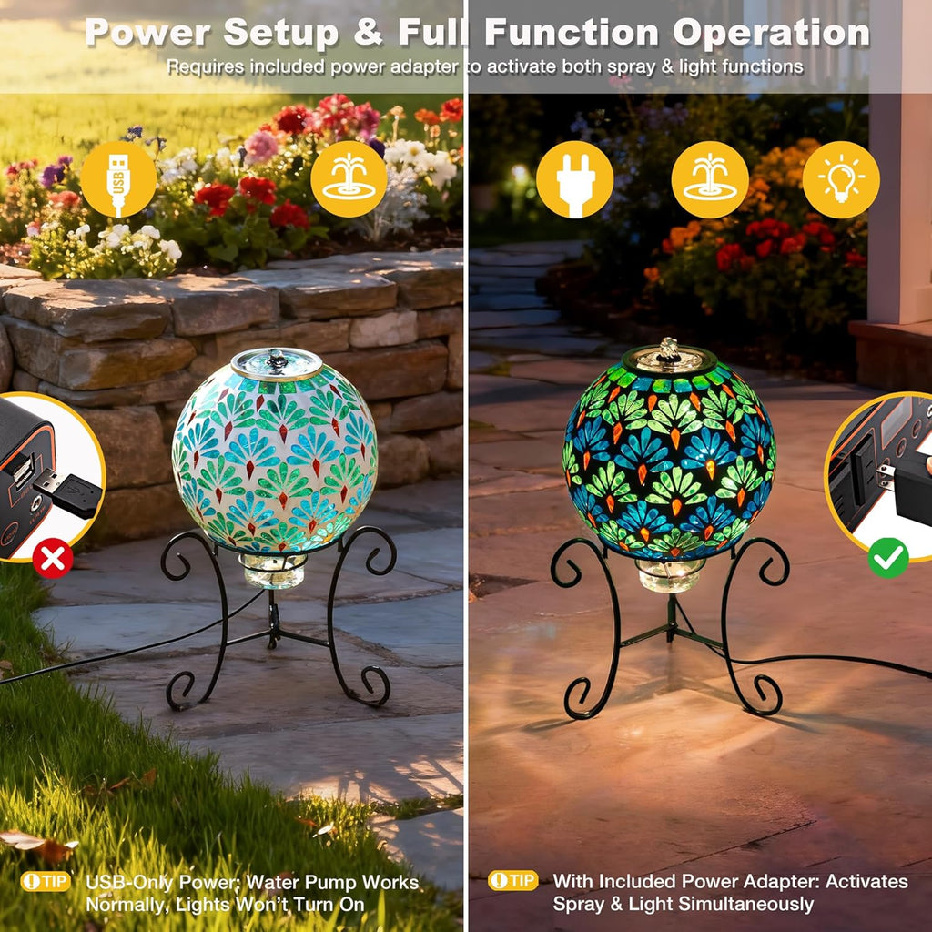 Mosaic Glass Fountain, Floor-Standing Lighted Water Feature with Quiet Pump, Indoor/Outdoor Decorative Accent Lighting