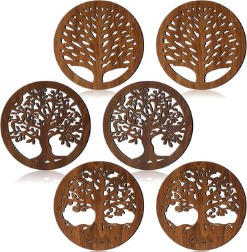 Wooden Trivets for Hot Dishes, Rustic Round Tree Trivet Set, Heat Resistant Hot Plate Holders for Pots, Pans - Set of 6
