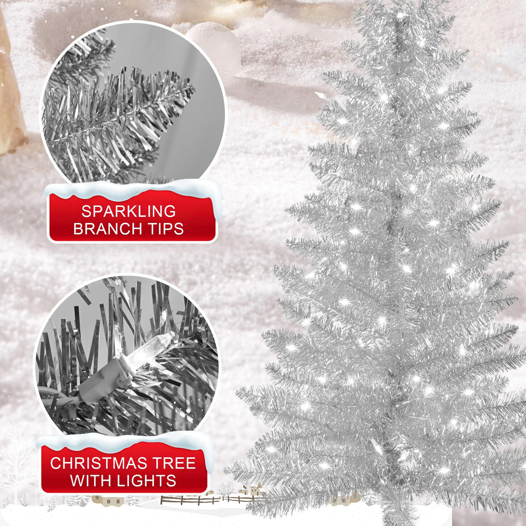 4ft Artificial Full Silver Christmas Tree with Separate Lights, Not Pre-lit Mini Silver Tinsel Pine Christmas Tree