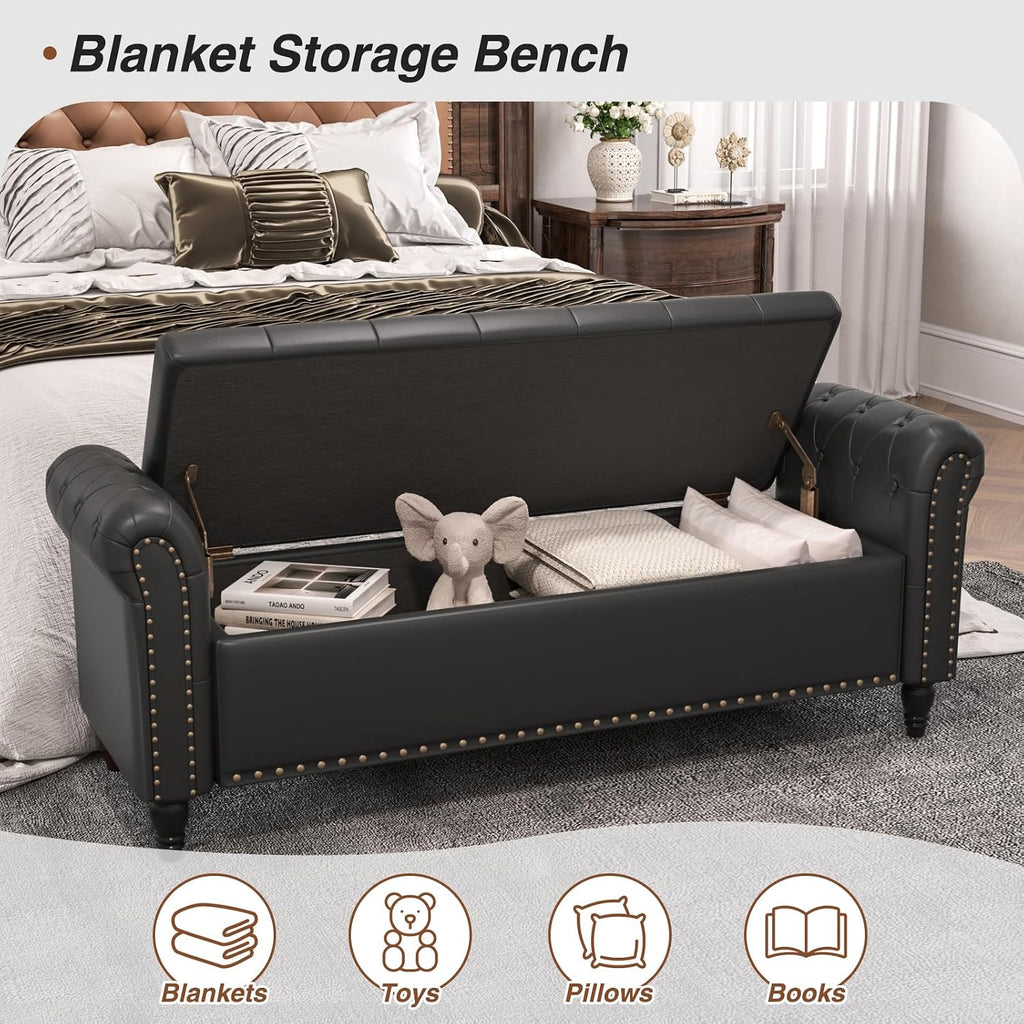 65" Bedroom Bench, End of Bed Bench with Storage, Black