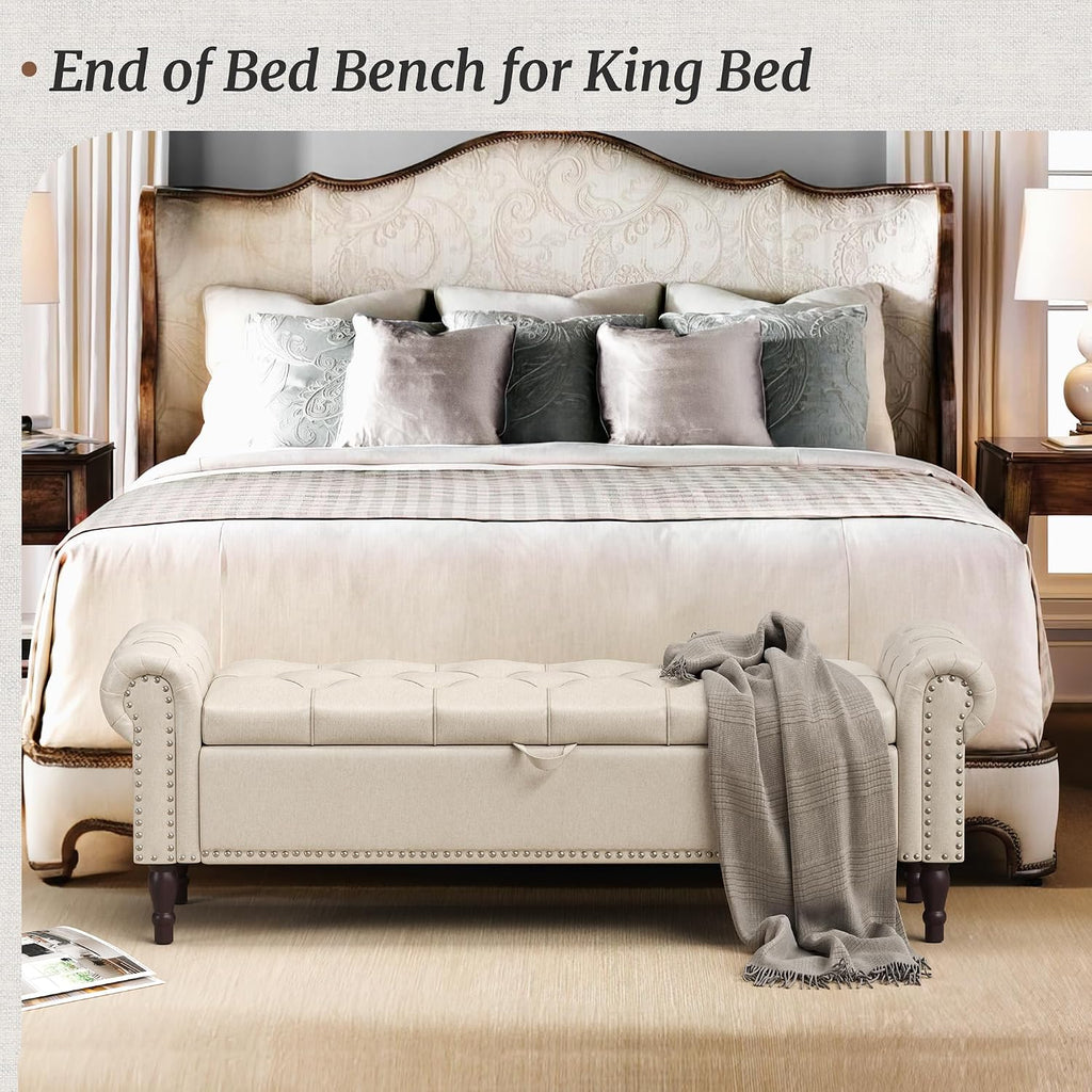 Storage Bench Ottoman, 61" King Linen Rolled Arm Bedroom End of Bed Bench, Window Bench with Button Tufted and