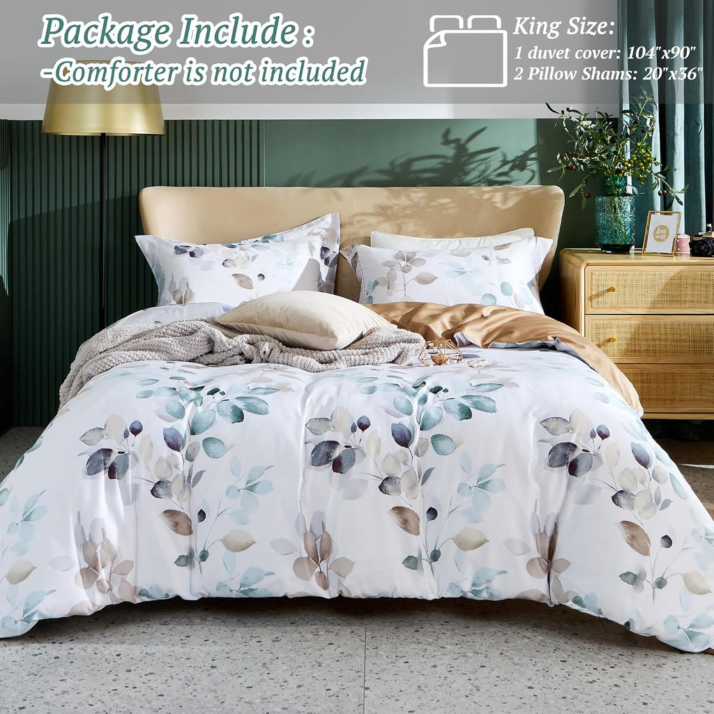 Floral Duvet Cover Set - 100% Long-Staple Cotton Green Leaves Pattern Printed Comforter Cover 3pcs Soft Breathable