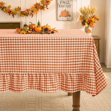Fall Gingham Ruffled Tablecloth Rectangle, 60 x 84 Inch Orange