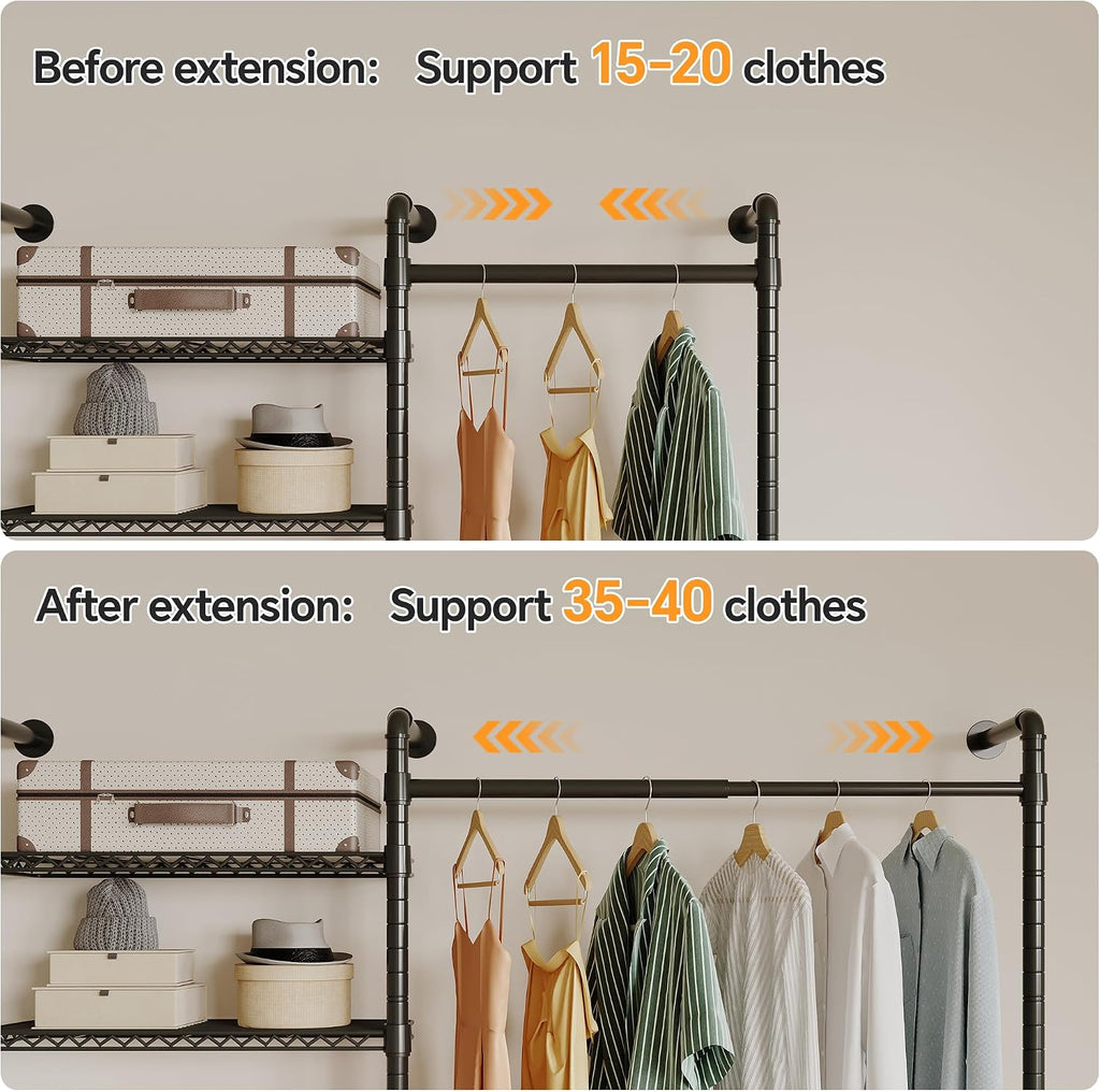 W3 Industrial Pipe Clothing Rack, Wall Mounted Clothes Rack Closet Wardrobe System with Expandable Hanger Rods