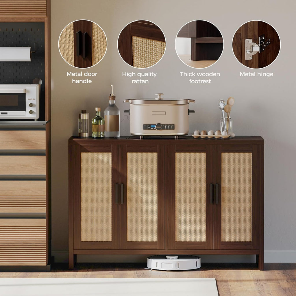 Rattan Buffet Cabinet with Storage, Sideboard Cabinet with Doors and Adjustable Shelves