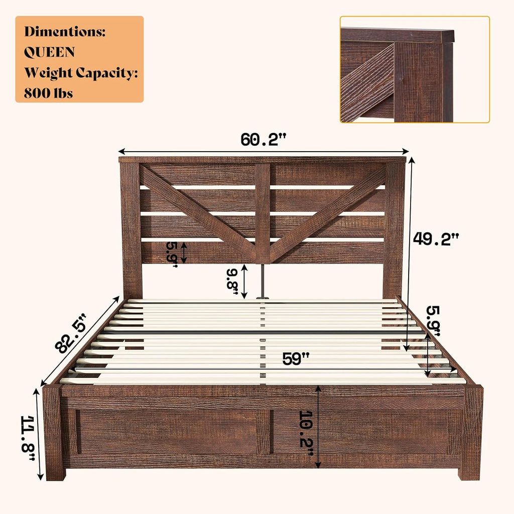 Queen Bed Frame with 49.2" Barn Door Headboard and Footboard, Rustic Farmhouse Platform Bed Frame with Wood Slats, No