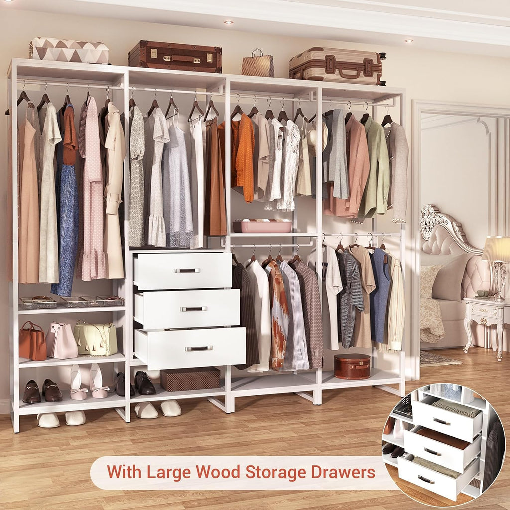 Wood Clothes Rack Wardrobe Closets for Hanging Clothes Heavy Duty Garment Rack, Large Corner L Shaped Closet System