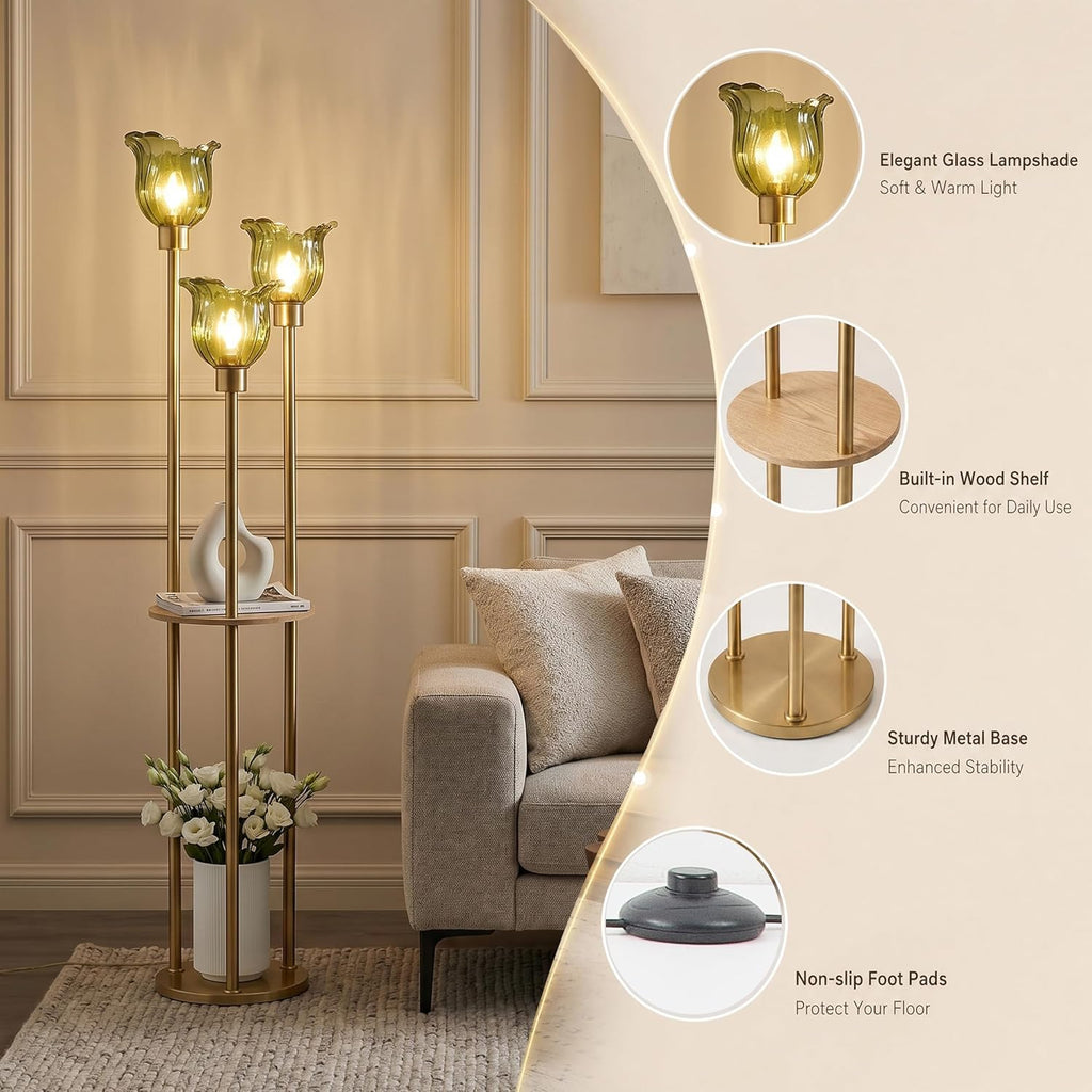 Modern Gold Floor Lamp with 3 Crystal Shades and Shelves, 3-Light Standing Lamp with Foot Switch, FWGGEEN02