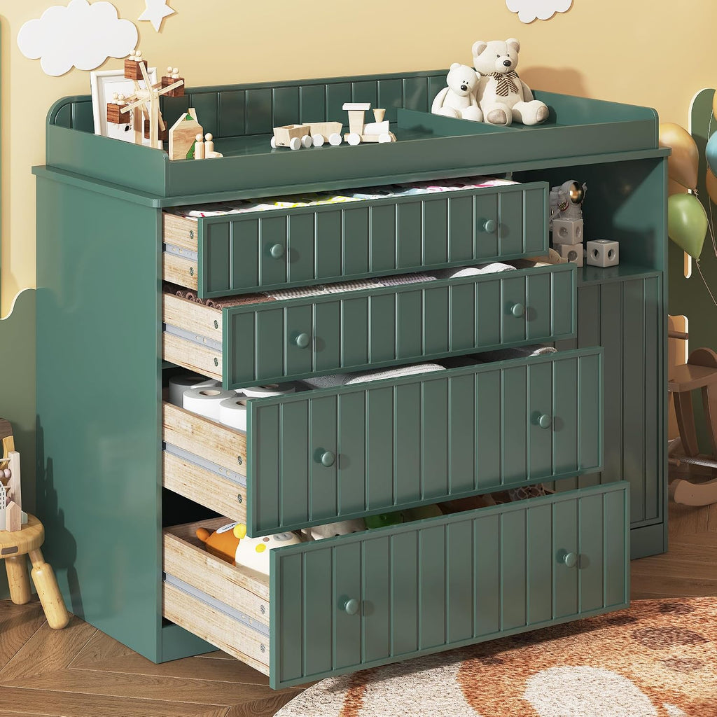 Green Changing Table Dresser | 37 In High Ergonomic, 4 Drawers, Cabinet, Open Space, Routed stripes, Curved Wrapping