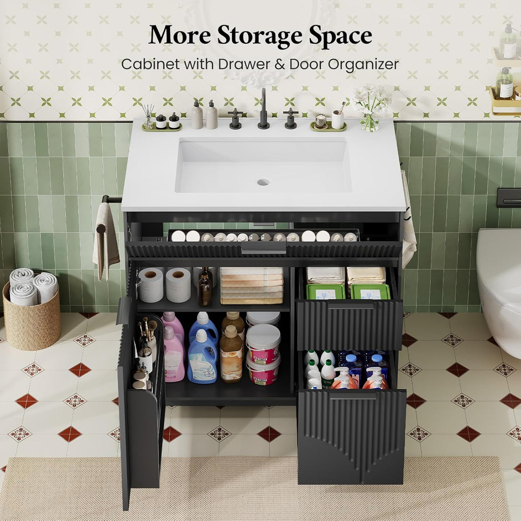 31" Fluted Freestanding Bathroom Vanity with Sink - Cabinet with Door Storage & 3 Drawers