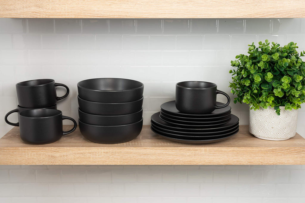 Wazee Matte 16 Pc Coupe Dinnerware Set, Matte Black