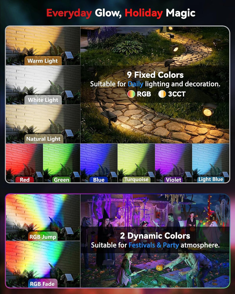 Focusing Solar Spot Lights Outdoor Waterproof, RGB+3CCT Tree Uplights 4Pack | Multicolor Focused Lens Spotlight