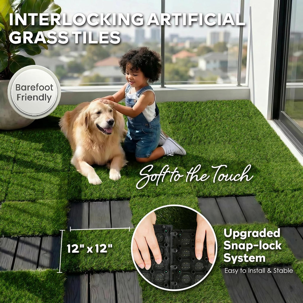 Outdoor Artificial Grass Tiles Interlocking Turf Squares 9 Pack, 12"x12" Fake Grass Mat for Balcony Patio Deck Flooring