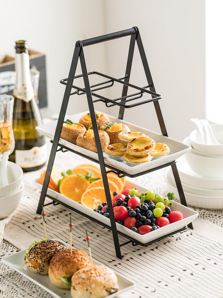 3 Tier Serving Tray Tiered Tray Stand, 10+12+14 Inch, Black | Ceramic Serving Platters and Trays with Metal Rack