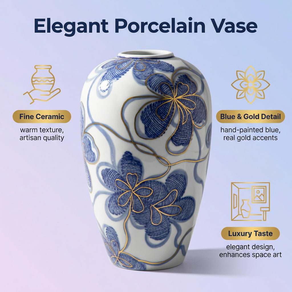 Blue and White Ceramic Vase Decor - Hand-Painted Porcelain Flower Vase with Gold Accents - Chinoiserie-Inspired Home
